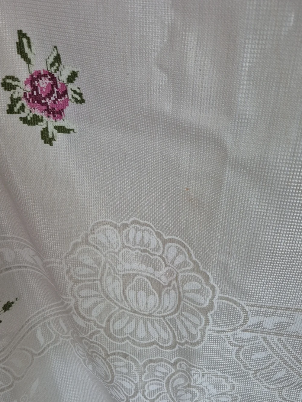 White Floral Embroidered Tablecloth with Pink Rose Accents 60x80